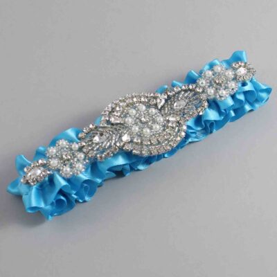 Turquoise Satin Wedding Garter / Solid Blue Wedding Garters / Charlotte # (340-340)-01-A06-Silver