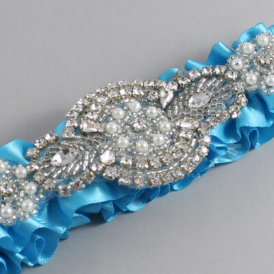 Turquoise Satin Wedding Garter / Solid Blue Wedding Garters / Charlotte # (340-340)-01-A06-Silver