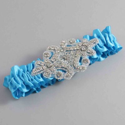 Turquoise Satin Wedding Garter / Solid Blue Wedding Garters / Heather # (340-340)-01-A07-Silver