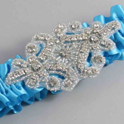 Turquoise Satin Wedding Garter / Solid Blue Wedding Garters / Heather # (340-340)-01-A07-Silver