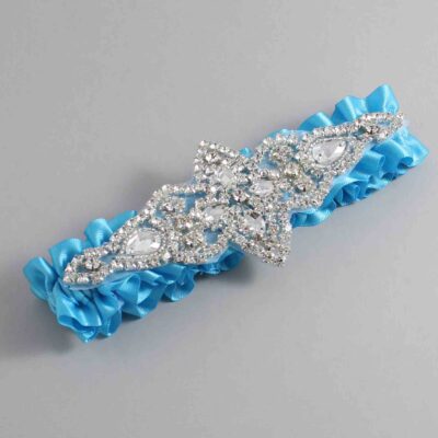 Turquoise Satin Wedding Garter / Solid Blue Wedding Garters / Lorine # (340-340)-01-A09-Silver