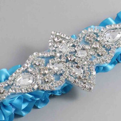 Turquoise Satin Wedding Garter / Solid Blue Wedding Garters / Lorine # (340-340)-01-A09-Silver