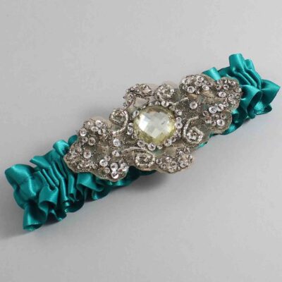 Mallard Satin with Brown Wedding Garter / Teal Wedding Garters / Bijou # (342-342)-01-A01-Antique