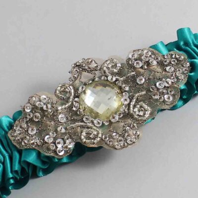 Mallard Satin with Brown Wedding Garter / Teal Wedding Garters / Bijou # (342-342)-01-A01-Antique