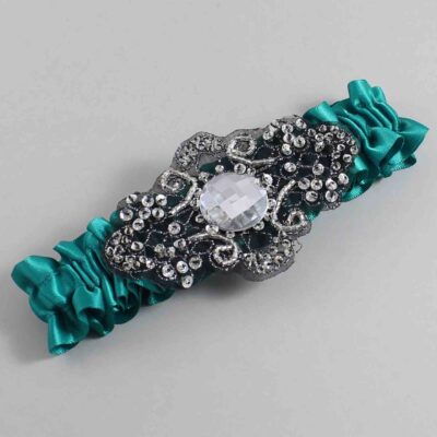 Mallard Satin with Black Wedding Garter / Teal Wedding Garters / Bijou # (342-342)-01-A02-Black