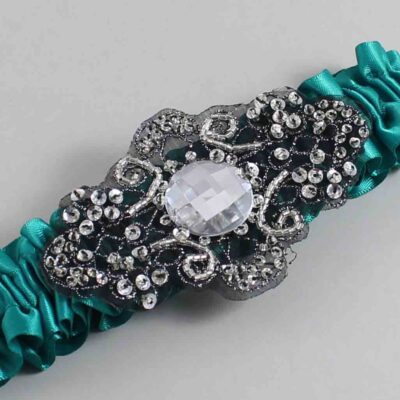Mallard Satin with Black Wedding Garter / Teal Wedding Garters / Bijou # (342-342)-01-A02-Black