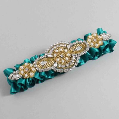 Mallard Satin with Gold Wedding Garter / Teal Wedding Garters / Charlotte # (342-342)-01-A05-Gold
