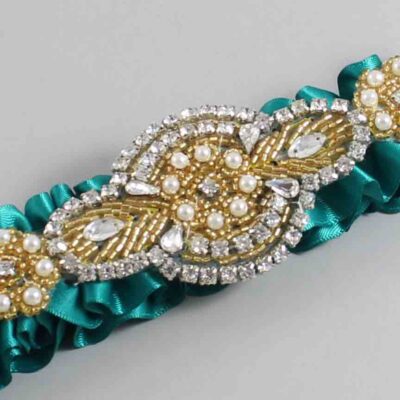 Mallard Satin with Gold Wedding Garter / Teal Wedding Garters / Charlotte # (342-342)-01-A05-Gold
