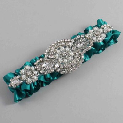 Mallard Satin Wedding Garter / Solid Teal Wedding Garters / Charlotte # (342-342)-01-A06-Silver
