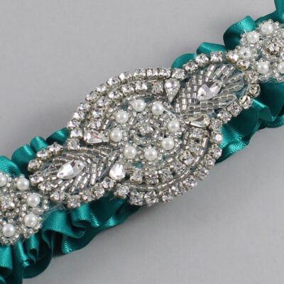 Mallard Satin Wedding Garter / Solid Teal Wedding Garters / Charlotte # (342-342)-01-A06-Silver
