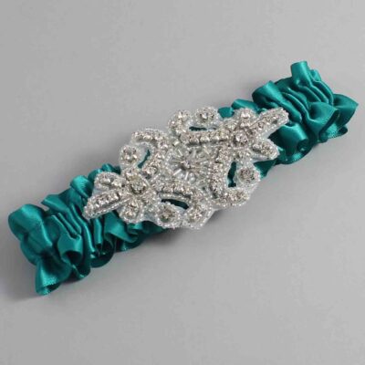 Mallard Satin Wedding Garter / Solid Teal Wedding Garters / Heather # (342-342)-01-A07-Silver