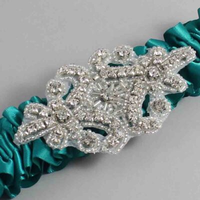 Mallard Satin Wedding Garter / Solid Teal Wedding Garters / Heather # (342-342)-01-A07-Silver