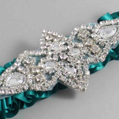 Mallard Satin Wedding Garter / Solid Teal Wedding Garters / Lorine # (342-342)-01-A09-Silver