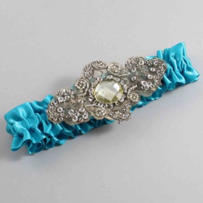 Tornado Blue Satin with Brown Wedding Garter / Teal Wedding Garters / Bijou # (344-344)-01-A01-Antique
