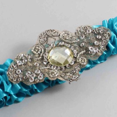 Tornado Blue Satin with Brown Wedding Garter / Teal Wedding Garters / Bijou # (344-344)-01-A01-Antique