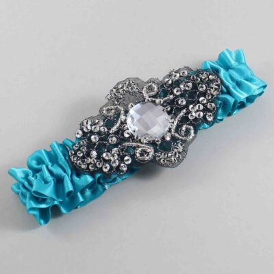 Tornado Blue Satin with Black Wedding Garter / Teal Wedding Garters / Bijou # (344-344)-01-A02-Black