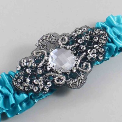 Tornado Blue Satin with Black Wedding Garter / Teal Wedding Garters / Bijou # (344-344)-01-A02-Black