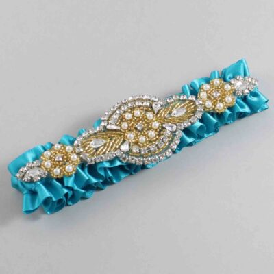 Tornado Blue Satin with Gold Wedding Garter / Teal Wedding Garters / Charlotte # (344-344)-01-A05-Gold