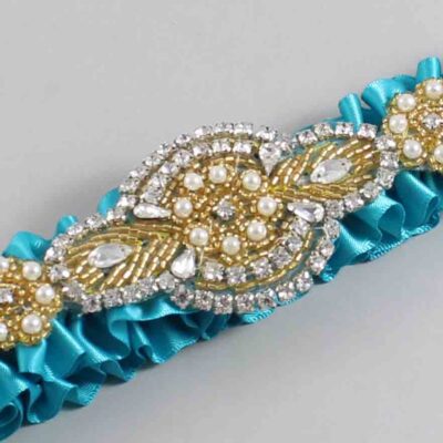 Tornado Blue Satin with Gold Wedding Garter / Teal Wedding Garters / Charlotte # (344-344)-01-A05-Gold