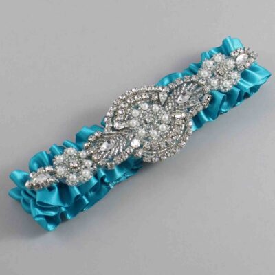 Tornado Blue Satin Wedding Garter / Solid Teal Wedding Garters / Charlotte # (344-344)-01-A06-Silver