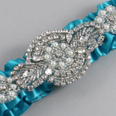 Tornado Blue Satin Wedding Garter / Solid Teal Wedding Garters / Charlotte # (344-344)-01-A06-Silver