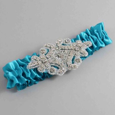 Tornado Blue Satin Wedding Garter / Solid Teal Wedding Garters / Heather # (344-344)-01-A07-Silver