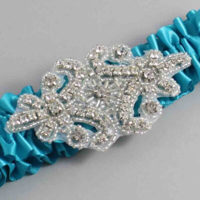 Tornado Blue Satin Wedding Garter / Solid Teal Wedding Garters / Heather # (344-344)-01-A07-Silver