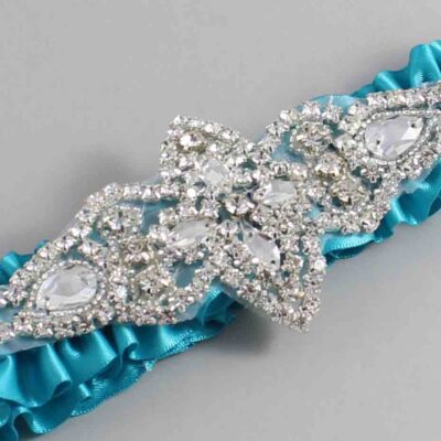 Tornado Blue Satin Wedding Garter / Solid Teal Wedding Garters / Lorine # (344-344)-01-A09-Silver