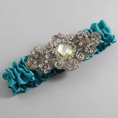 Jade Satin with Brown Wedding Garter / Teal Wedding Garters / Bijou # (346-346)-01-A01-Antique
