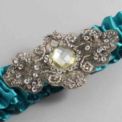 Jade Satin with Brown Wedding Garter / Teal Wedding Garters / Bijou # (346-346)-01-A01-Antique