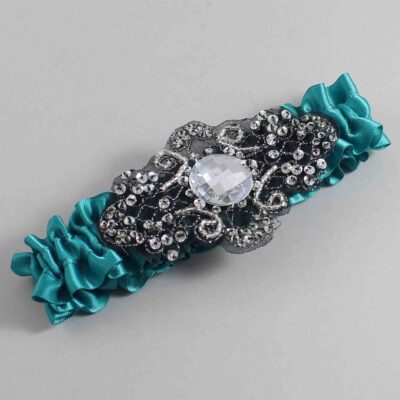 Jade Satin with Black Wedding Garter / Teal Wedding Garters / Bijou # (346-346)-01-A02-Black