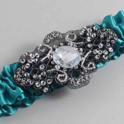 Jade Satin with Black Wedding Garter / Teal Wedding Garters / Bijou # (346-346)-01-A02-Black