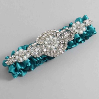 Jade Satin Wedding Garter / Solid Teal Wedding Garters / Charlotte # (346-346)-01-A06-Silver