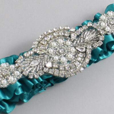 Jade Satin Wedding Garter / Solid Teal Wedding Garters / Charlotte # (346-346)-01-A06-Silver