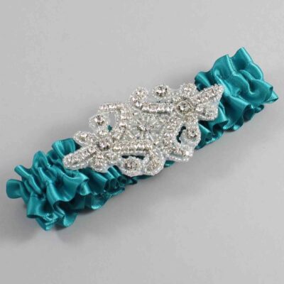 Jade Satin Wedding Garter / Solid Teal Wedding Garters / Heather # (346-346)-01-A07-Silver