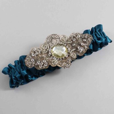 Teal Satin with Brown Wedding Garter / Teal Wedding Garters / Bijou # (347-347)-01-A01-Antique