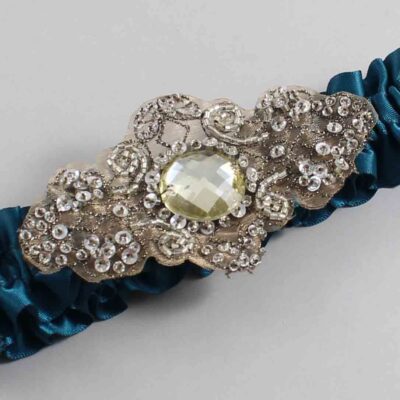 Teal Satin with Brown Wedding Garter / Teal Wedding Garters / Bijou # (347-347)-01-A01-Antique