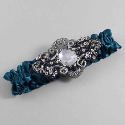 Teal Satin with Black Wedding Garter / Teal Wedding Garters / Bijou # (347-347)-01-A02-Black