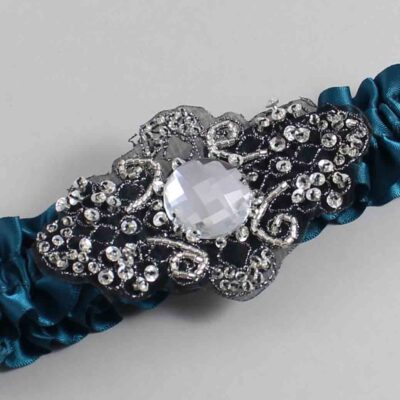 Teal Satin with Black Wedding Garter / Teal Wedding Garters / Bijou # (347-347)-01-A02-Black