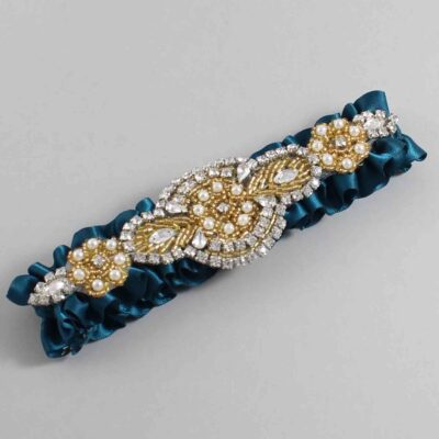 Teal Satin with Gold Wedding Garter / Teal Wedding Garters / Charlotte # (347-347)-01-A05-Gold