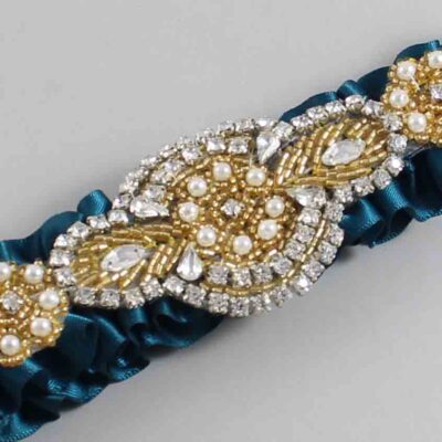 Teal Satin with Gold Wedding Garter / Teal Wedding Garters / Charlotte # (347-347)-01-A05-Gold