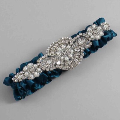 Teal Satin Wedding Garter / Solid Teal Wedding Garters / Charlotte # (347-347)-01-A06-Silver