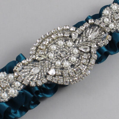 Teal Satin Wedding Garter / Solid Teal Wedding Garters / Charlotte # (347-347)-01-A06-Silver