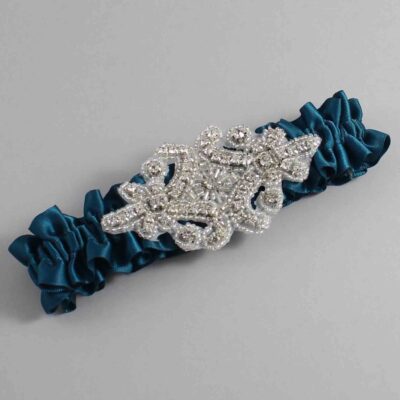 Teal Satin Wedding Garter / Solid Teal Wedding Garters / Heather # (347-347)-01-A07-Silver