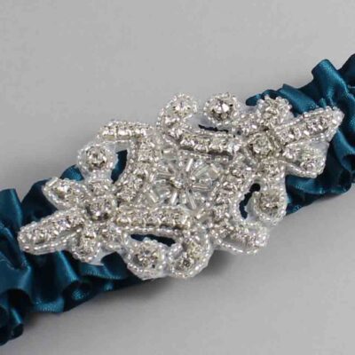 Teal Satin Wedding Garter / Solid Teal Wedding Garters / Heather # (347-347)-01-A07-Silver