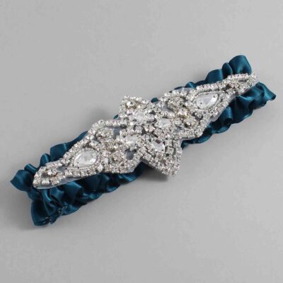 Teal Satin Wedding Garter / Solid Teal Wedding Garters / Lorine # (347-347)-01-A09-Silver