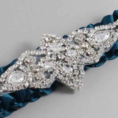 Teal Satin Wedding Garter / Solid Teal Wedding Garters / Lorine # (347-347)-01-A09-Silver