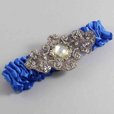 Royal Blue Satin with Brown Wedding Garter / Blue Wedding Garters / Bijou # (350-350)-01-A01-Antique