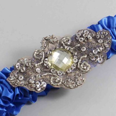 Royal Blue Satin with Brown Wedding Garter / Blue Wedding Garters / Bijou # (350-350)-01-A01-Antique
