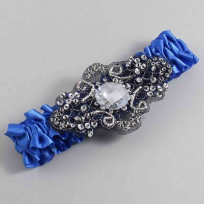 Royal Blue Satin with Black Wedding Garter / Blue Wedding Garters / Bijou # (350-350)-01-A02-Black